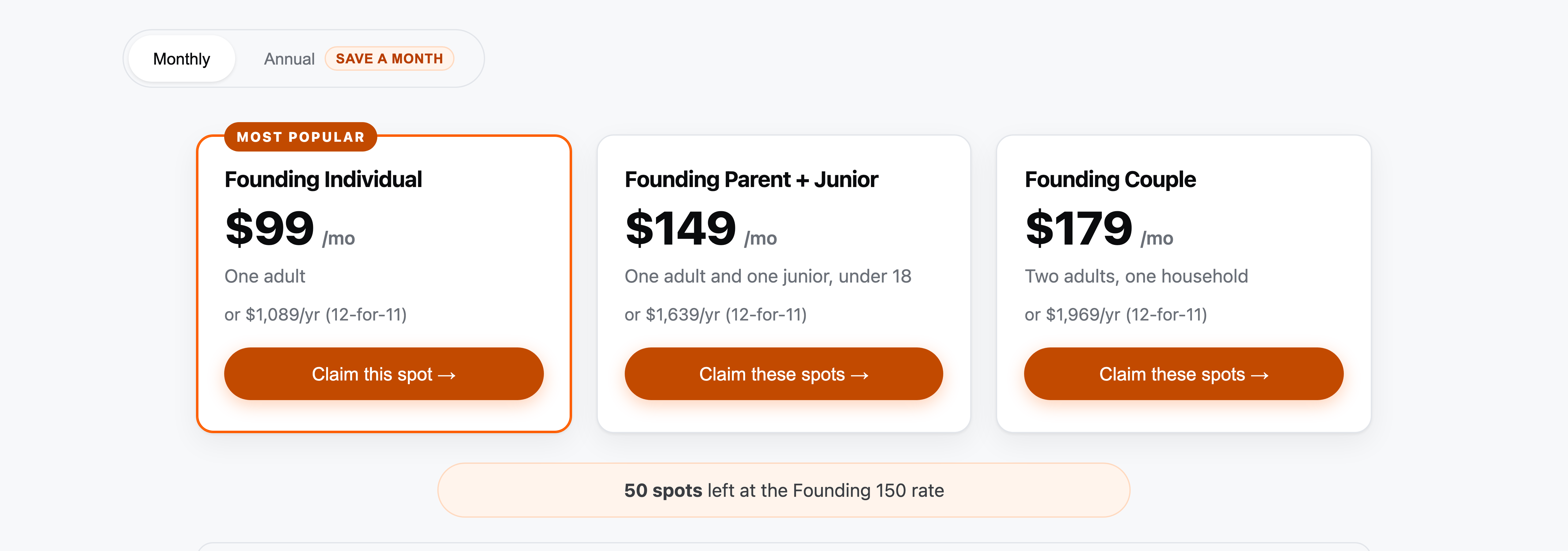 Pricing cards at 100 seats taken: Founding Individual $99, Founding Parent + Junior $149, Founding Couple $179