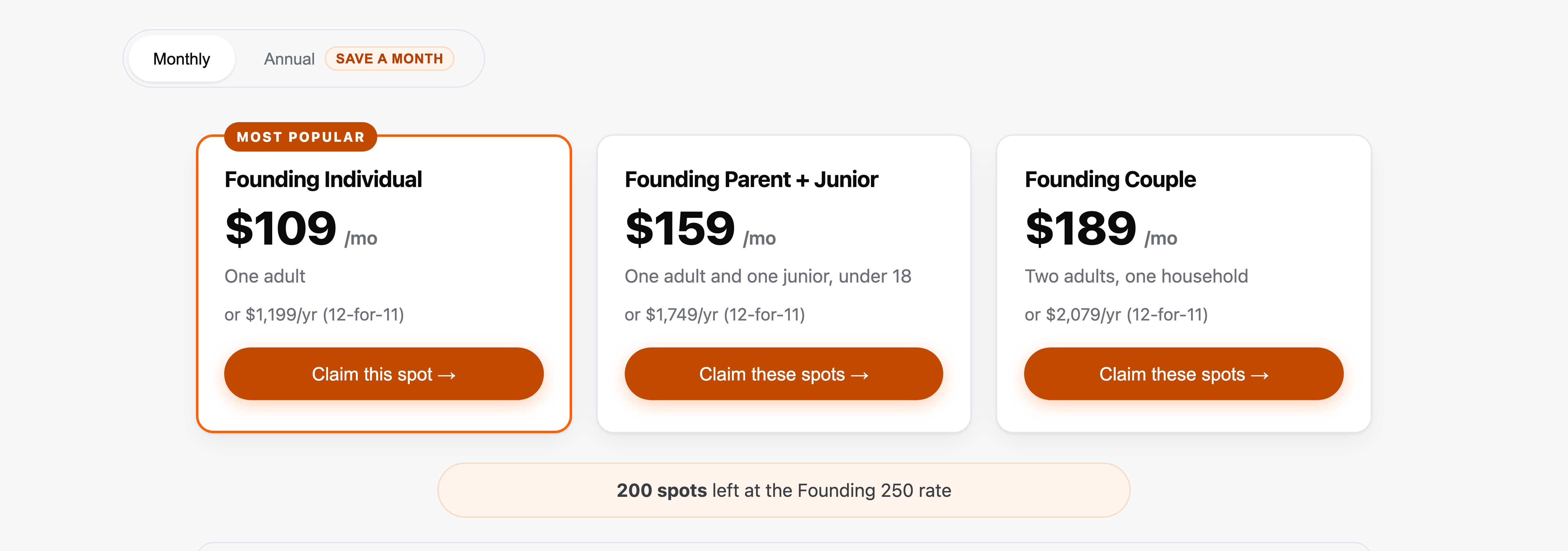 Pricing cards at 200 seats taken: Founding Individual $109, Founding Parent + Junior $159, Founding Couple $189
