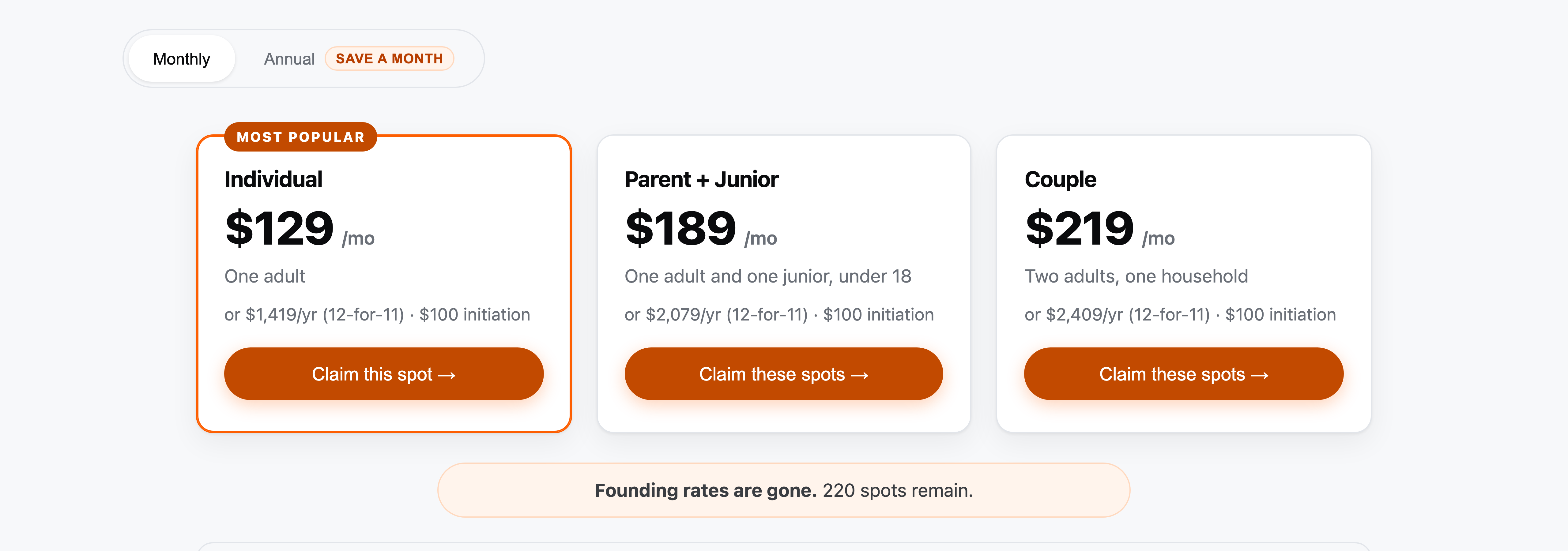 Pricing cards at 450 seats taken: Individual $129, Parent + Junior $189, Couple $219, each with a $100 initiation fee