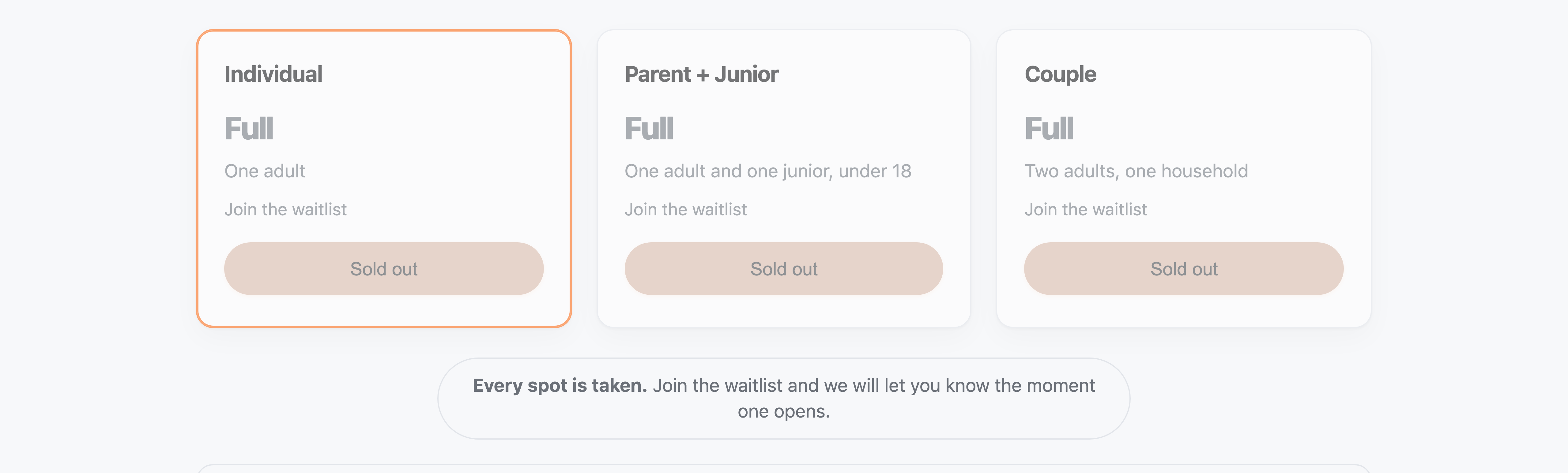 Pricing cards at capacity: all three read Full, Join the waitlist, with disabled Sold out buttons